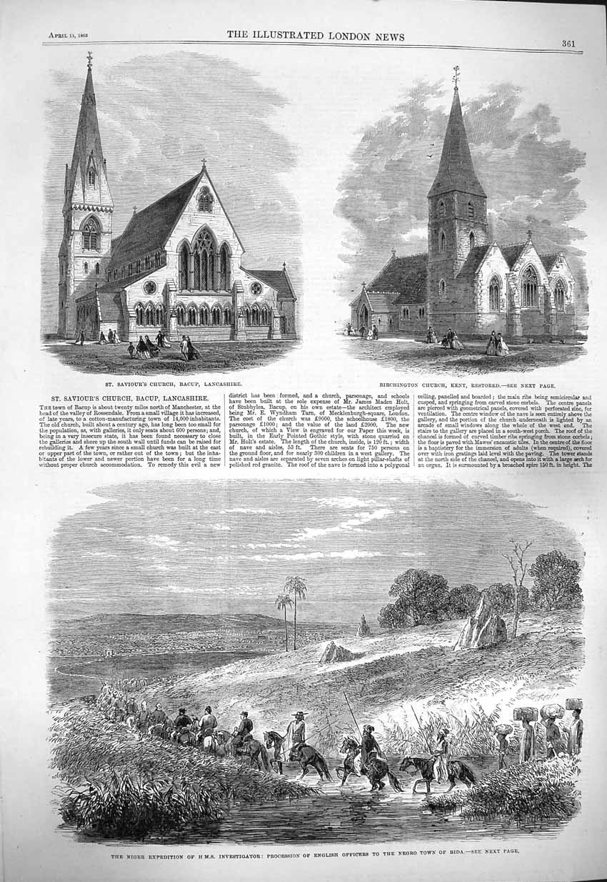 Original Old Antique Print 1865 Church Lancashire Kent Niger Investigator Bida