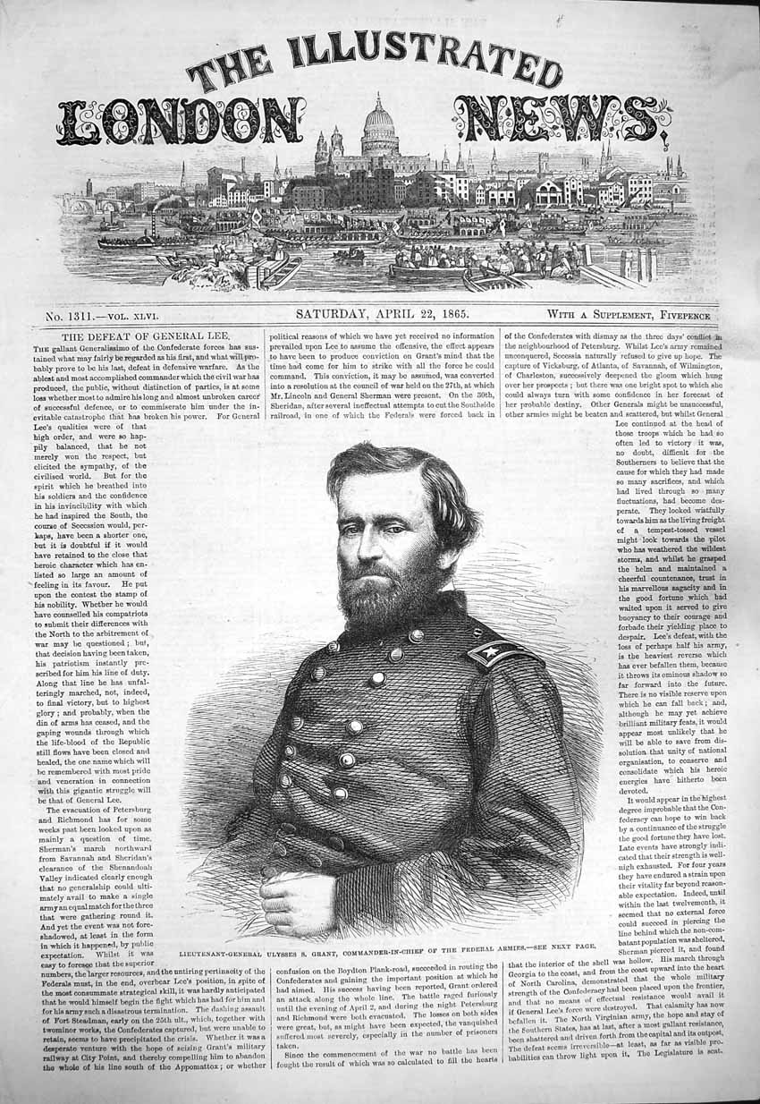 Original Old Antique Print 1865 Lieutenant-General Ulysses Grant Federal 19th