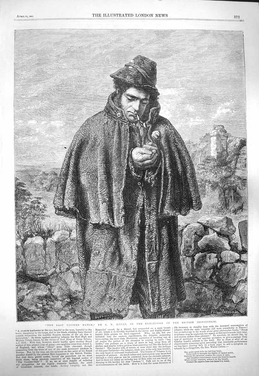 Original Old Antique Print 1865 Last Lucifer Match Man Smoking Lucas Victorian