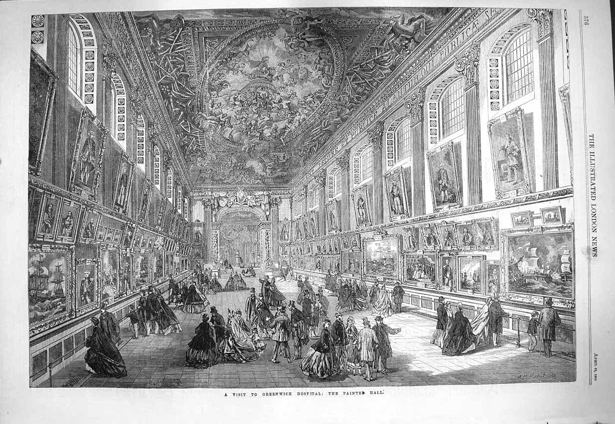 Old Antique Print 1865 Greenwich Hospital Painted Hall Nelson Centurion 19th