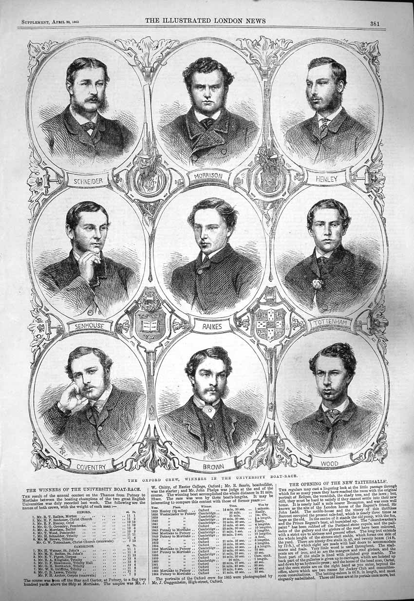 Old Antique Print 1865 Oxford Boat Race Crew Raikes Morrison Brown Wood 19th