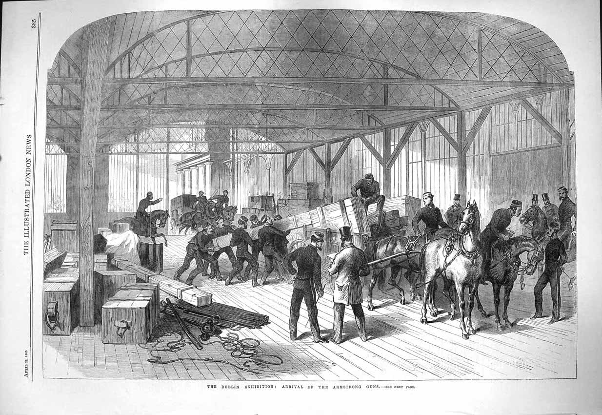 Original Old Antique Print 1865 Dublin Exhibition Armstrong Guns War Weapons