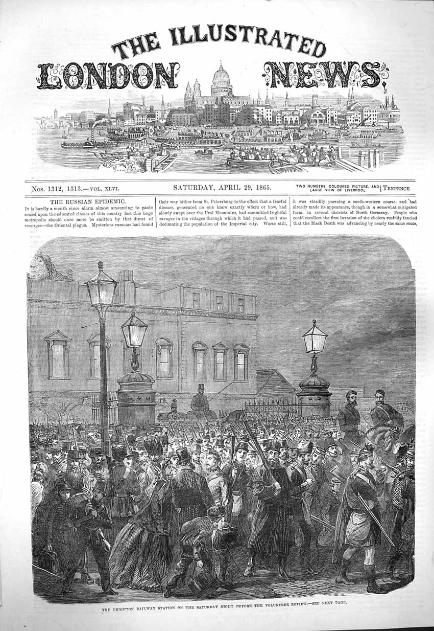 Original Old Antique Print 1865 Brighton Railway Station Volunteer Siers Review