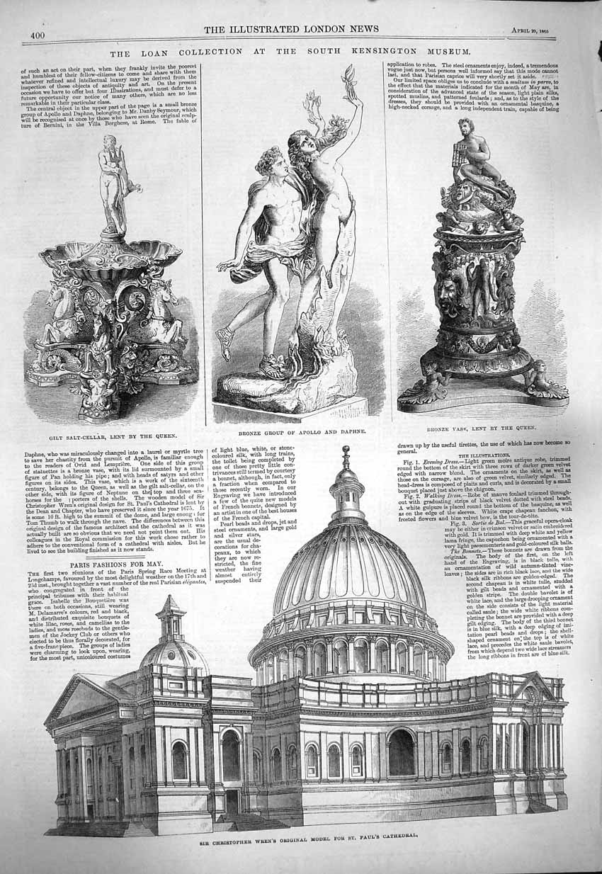 Original Old Antique Print 1865 Christopher Wren Paul'S Cathedral Apollo Daphne
