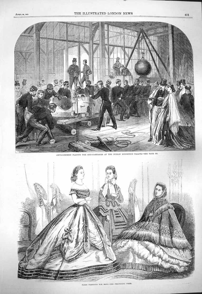 Original Old Antique Print 1865 Paris Fashion Artillerymen Gun-Carriages Dublin