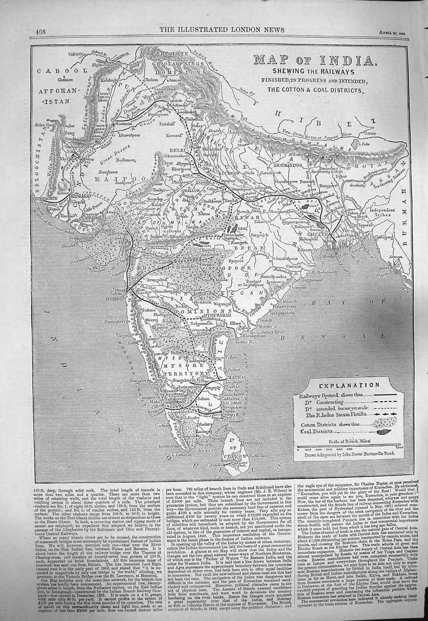 Original Old Antique Print 1865 Map India Railways Ceylon Cabool Afgh Victorian