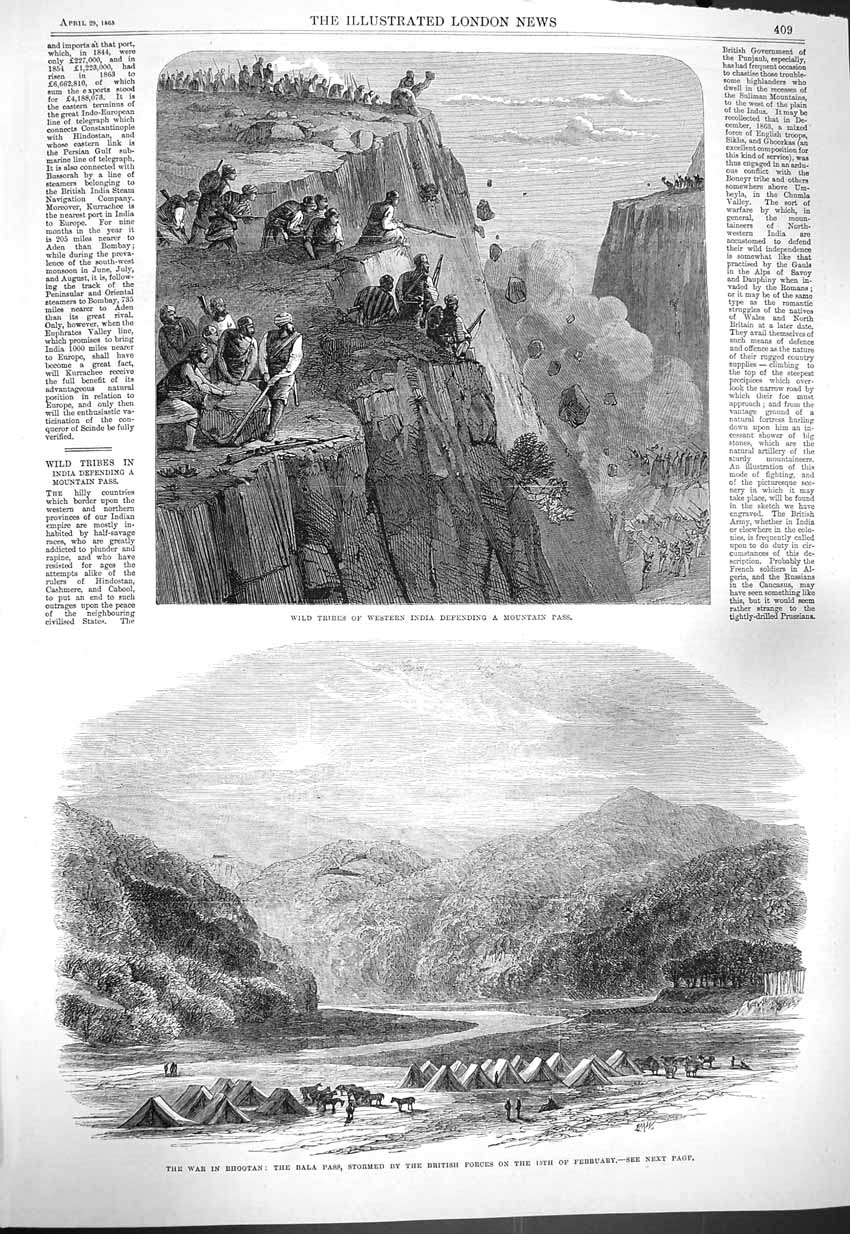 Old Antique Print 1865 Tribes India Mountain Pass War Bhootan Bala Pass 19th