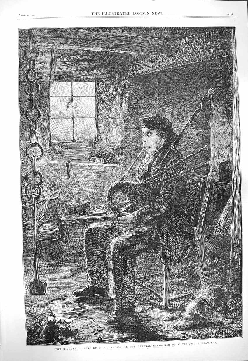 Original Old Antique Print 1865 Highland Piper Music Man Richardson Fine Art