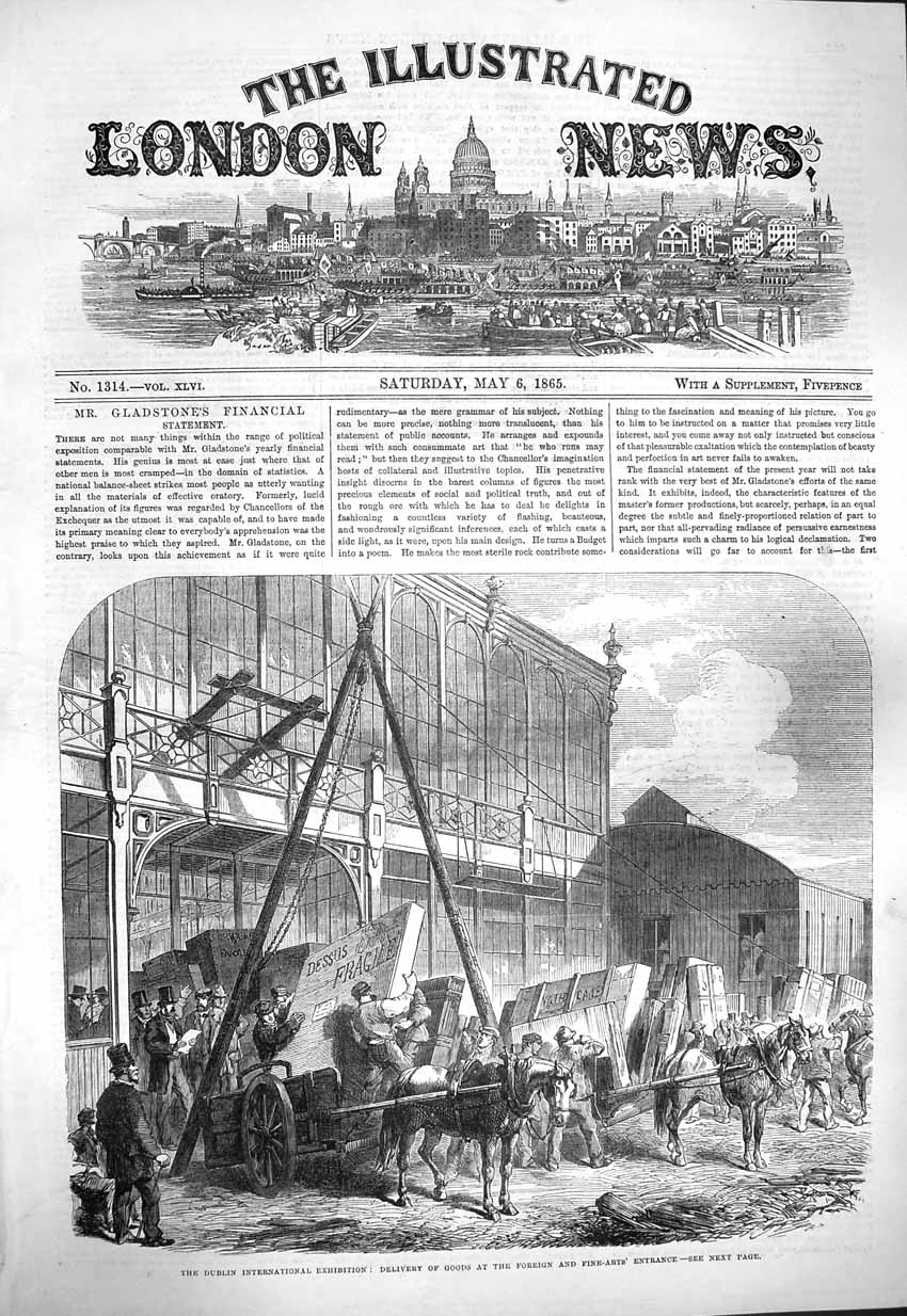 Old Antique Print 1865 Dublin International Exhibition Fine Art Entrance 19th