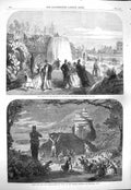Old Antique Print 1865 Dublin Exhibition Palace Adelphi Theatre Pan Scene 19th