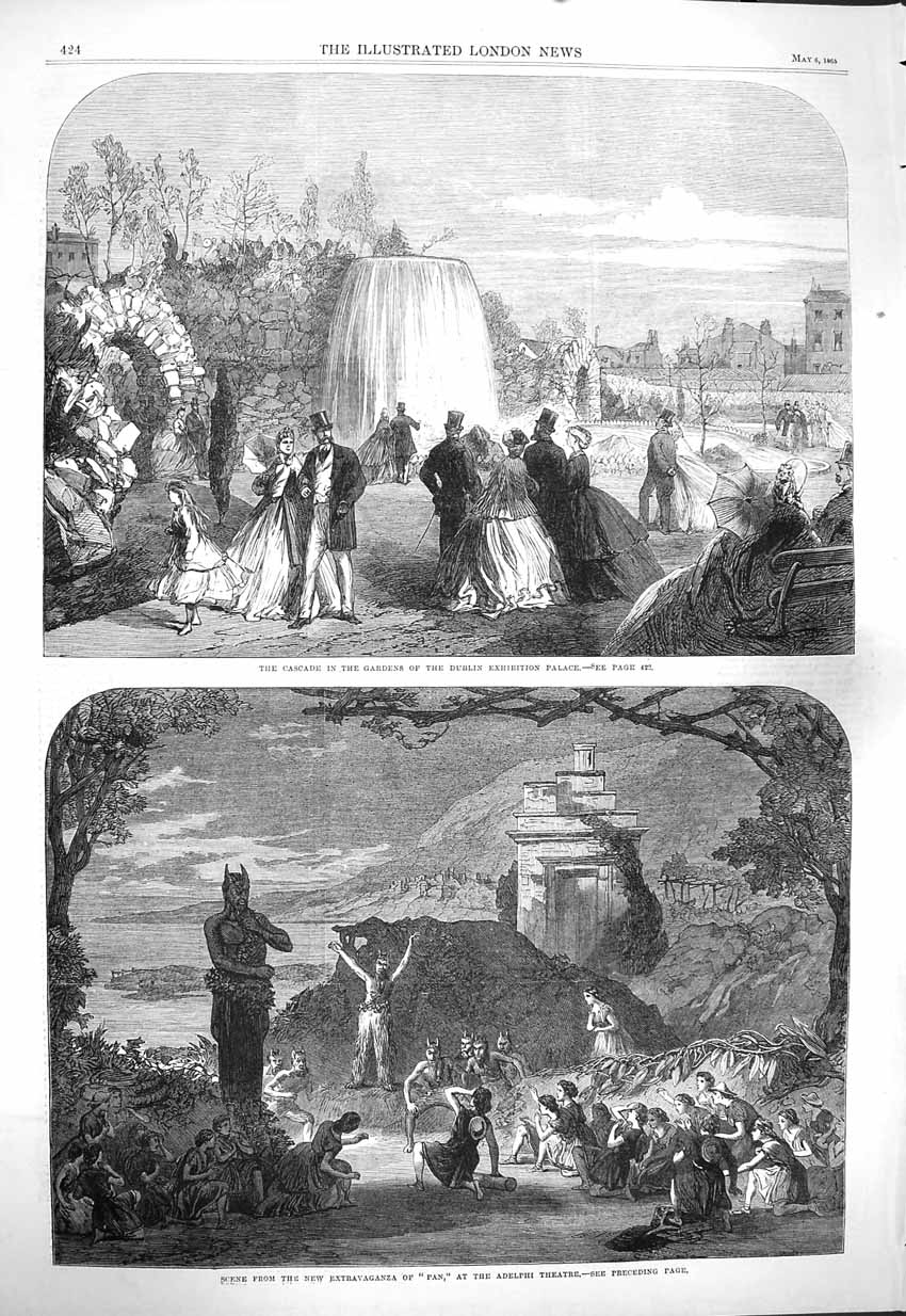 Old Antique Print 1865 Dublin Exhibition Palace Adelphi Theatre Pan Scene 19th