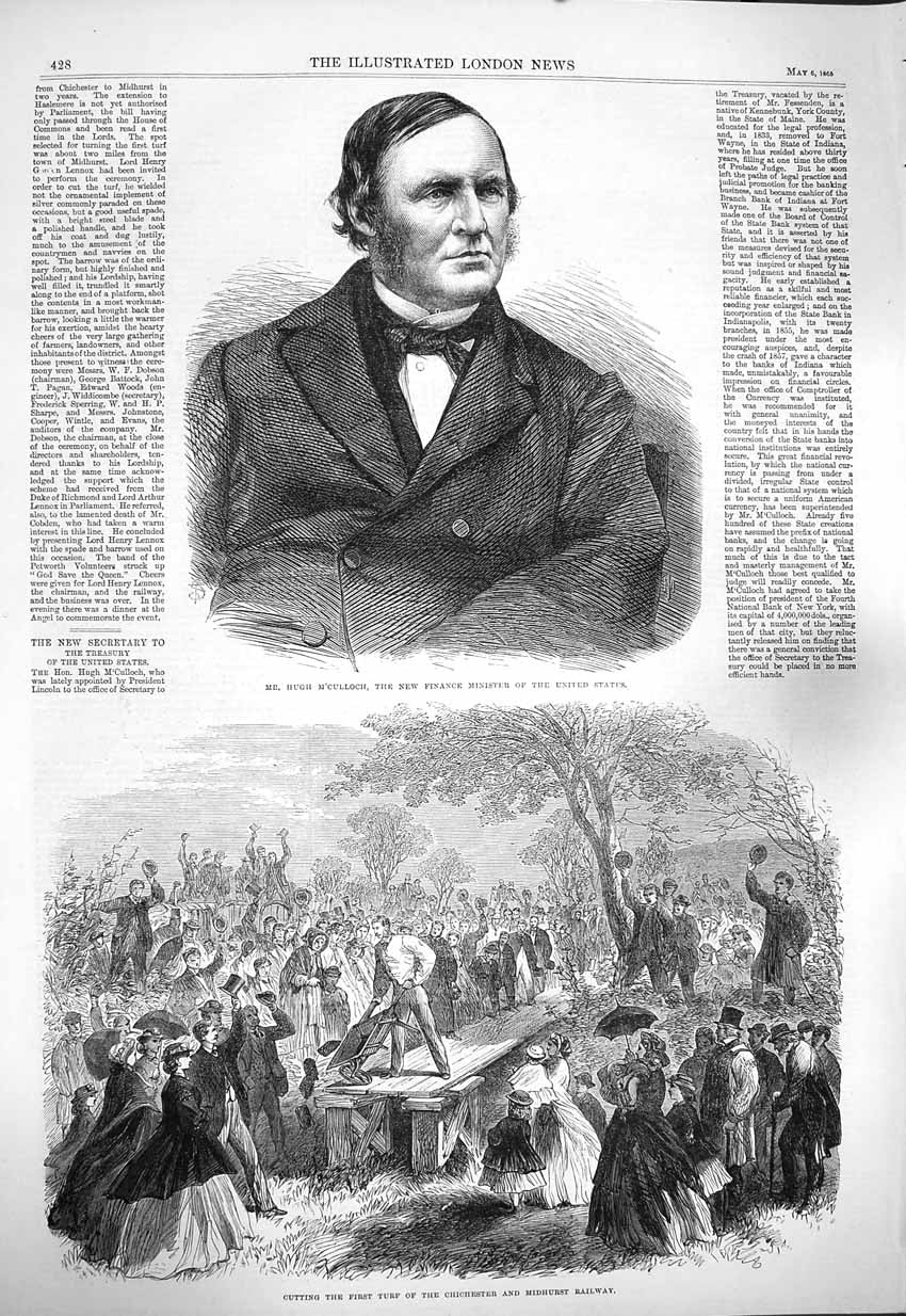 Original Old Antique Print 1865 Hugh M'Culloch Finance Minister Midhurst 19th