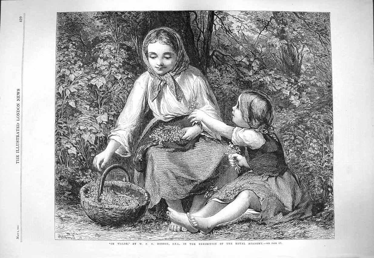 Original Old Antique Print 1865 Im Walde Little Girl Woman Gathering Flowers