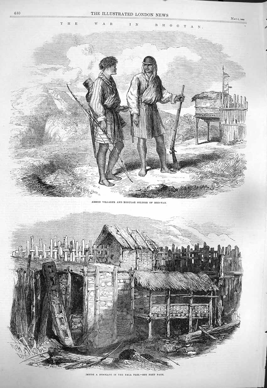 Original Old Antique Print 1865 War Bhootan Villager Bhootan Stockade Bala Pass