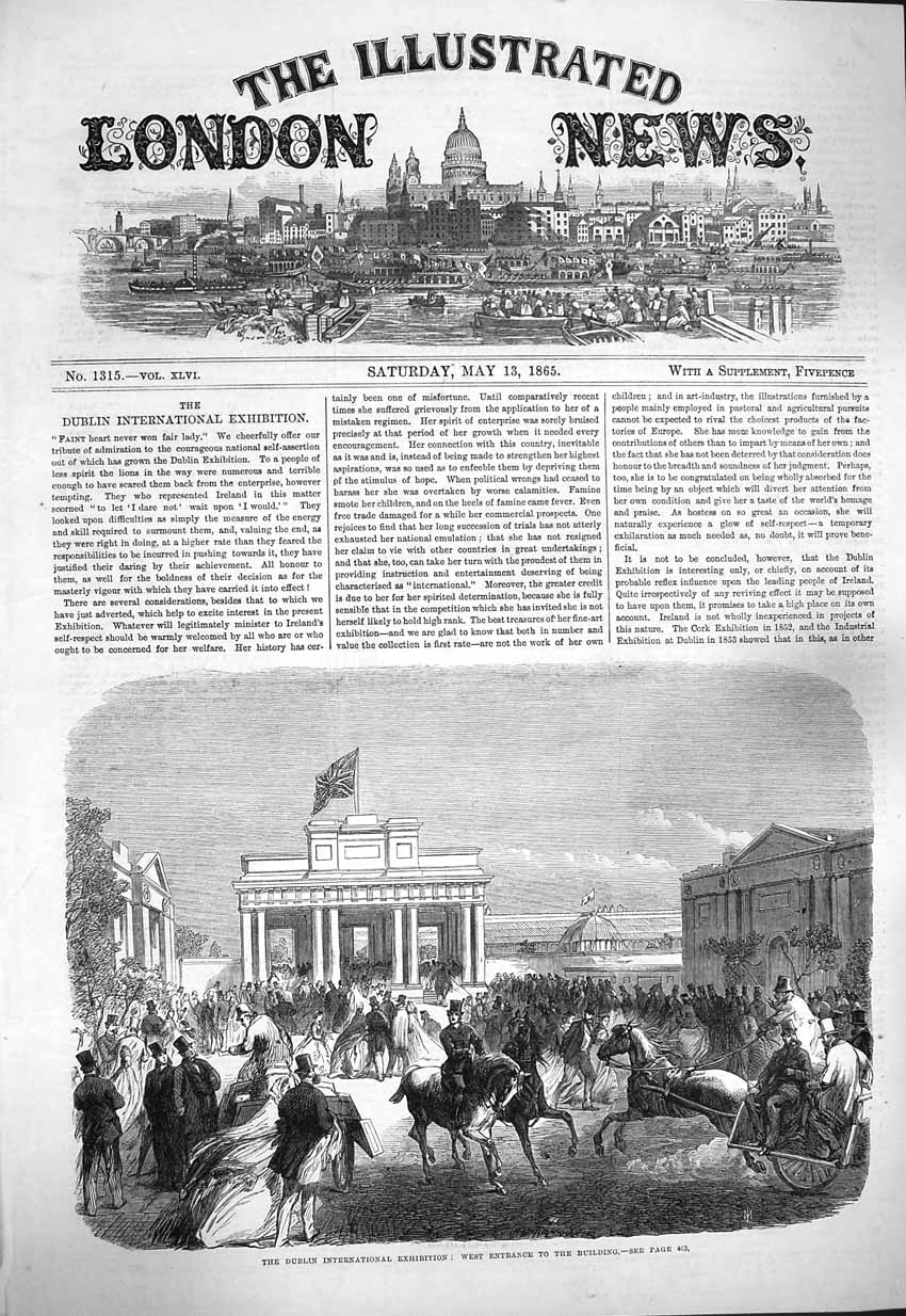 Old Antique Print 1865 Dublin International Exhibition Building Entrance 19th