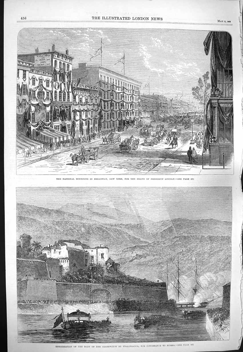 Original Old Antique Print 1865 Mourning Broadway New York Lincoln Czarewitch