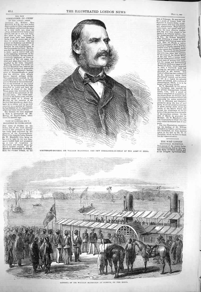 Original Old Antique Print 1865 William Mansfield Army India Sukkur Indus Siers
