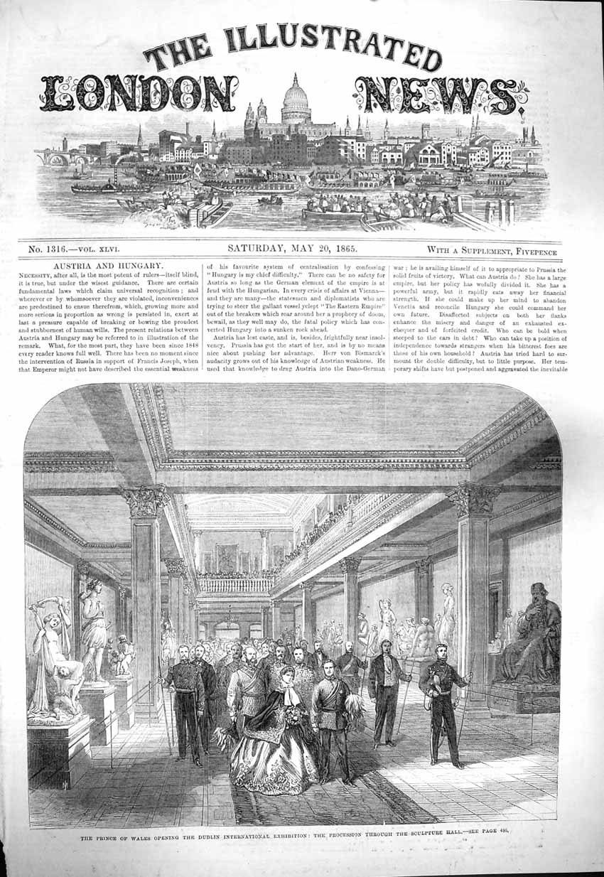 Antique Old Print *3947 1865 Prince Wales Dublin Exhibition Sculpture Hall