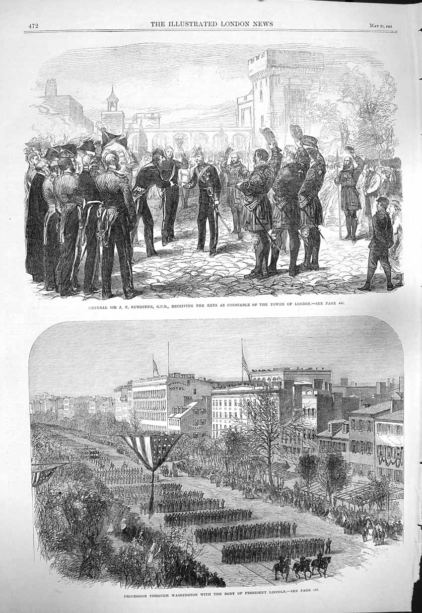 Original Old Antique Print 1865 Burgoyne Tower London Keys Washington Lincoln