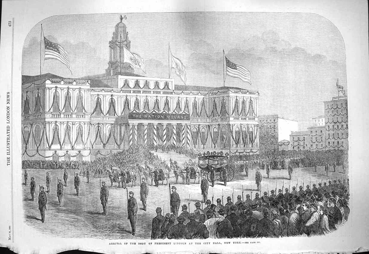 Antique Print *3948 1865 Arrival Body President Lincoln City Hall New York