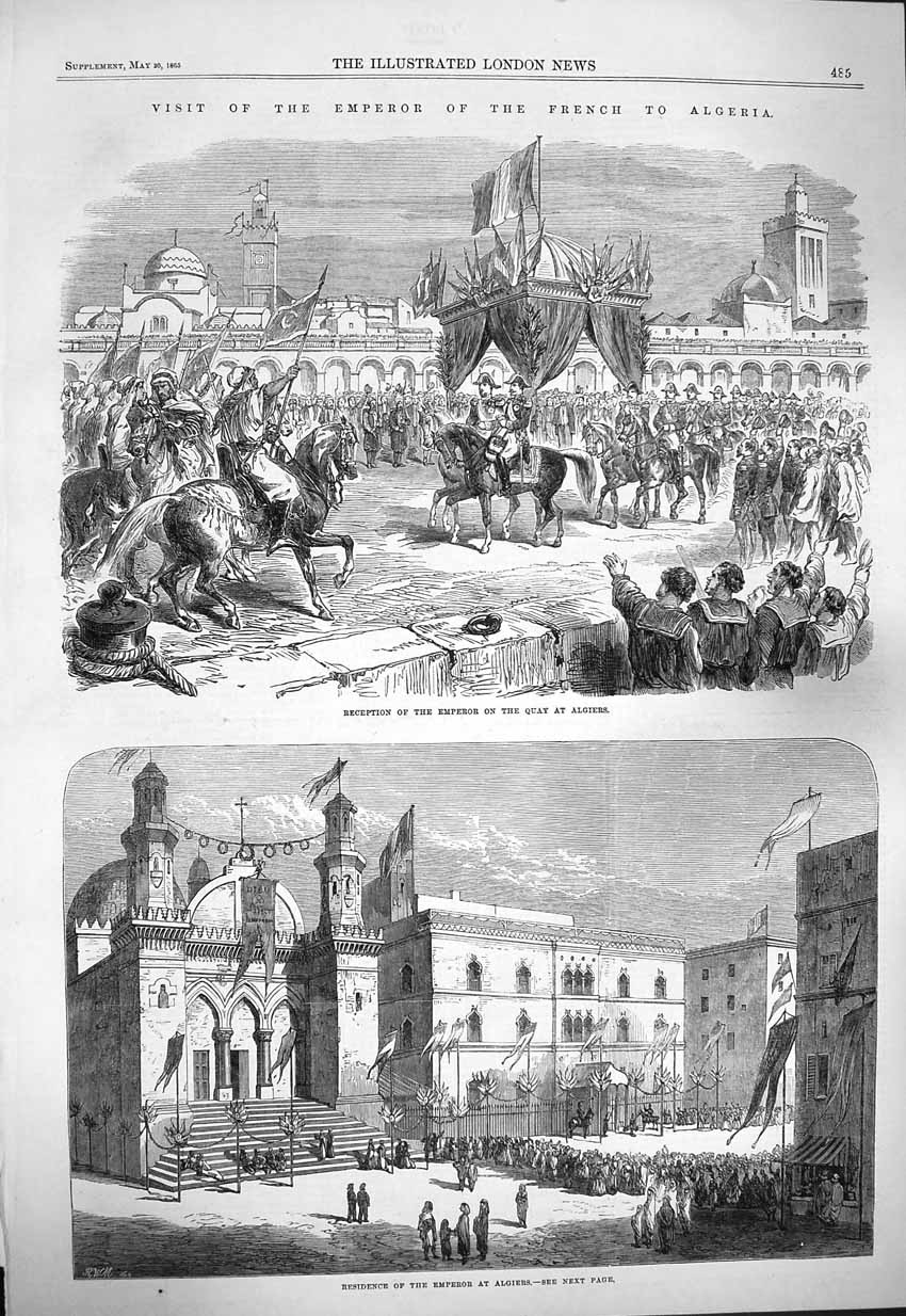 Original Old Antique Print 1865 Emperor French Algeria Reception Quay Residence