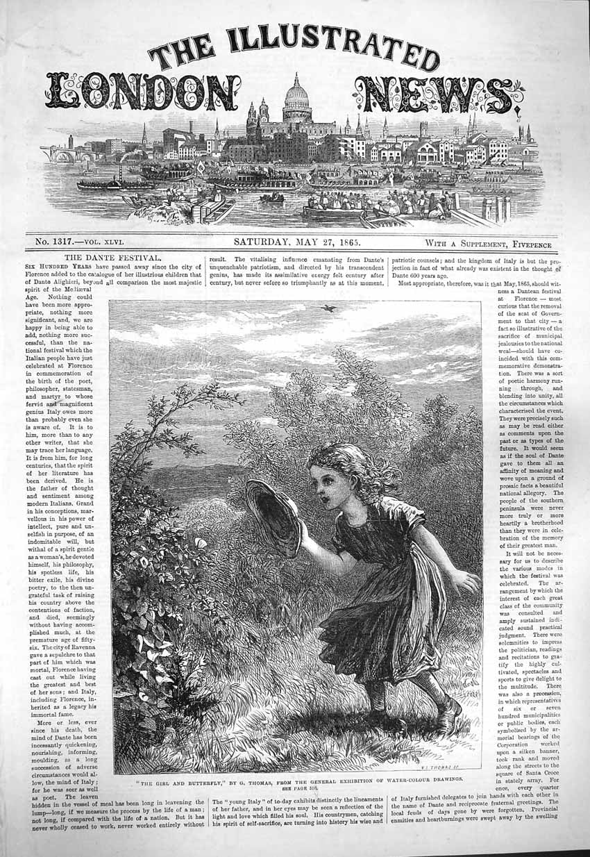Original Old Antique Print 1865 Girl Butterfly Hat Flowers 19th