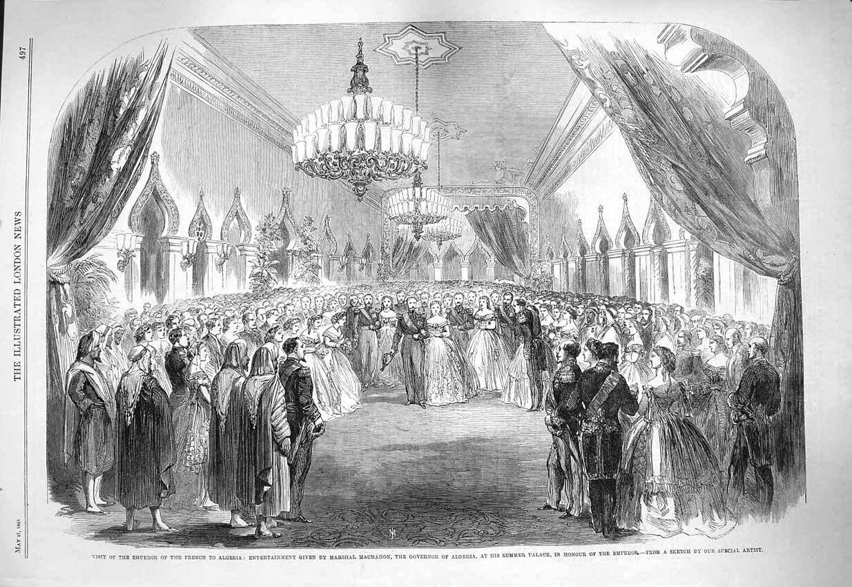Original Old Antique Print 1865 Emperor French Algeria Marshal Macmahon Palace