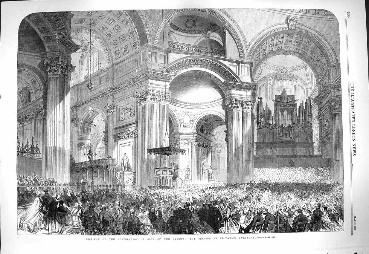 Old Antique Print 1865 Festival Corporation Sons Clergy Paul'S Cathedral 19th