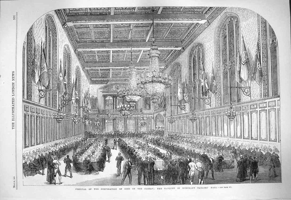 Old Antique Print 1865 Festival Corporation Sons Clergy Banquet Marchant 19th