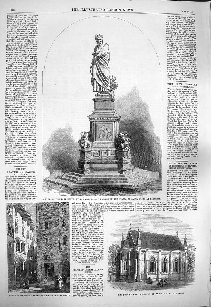 Old Antique Print 1865 Statue Dante Florence Church Augustine Wiesbaden 19th