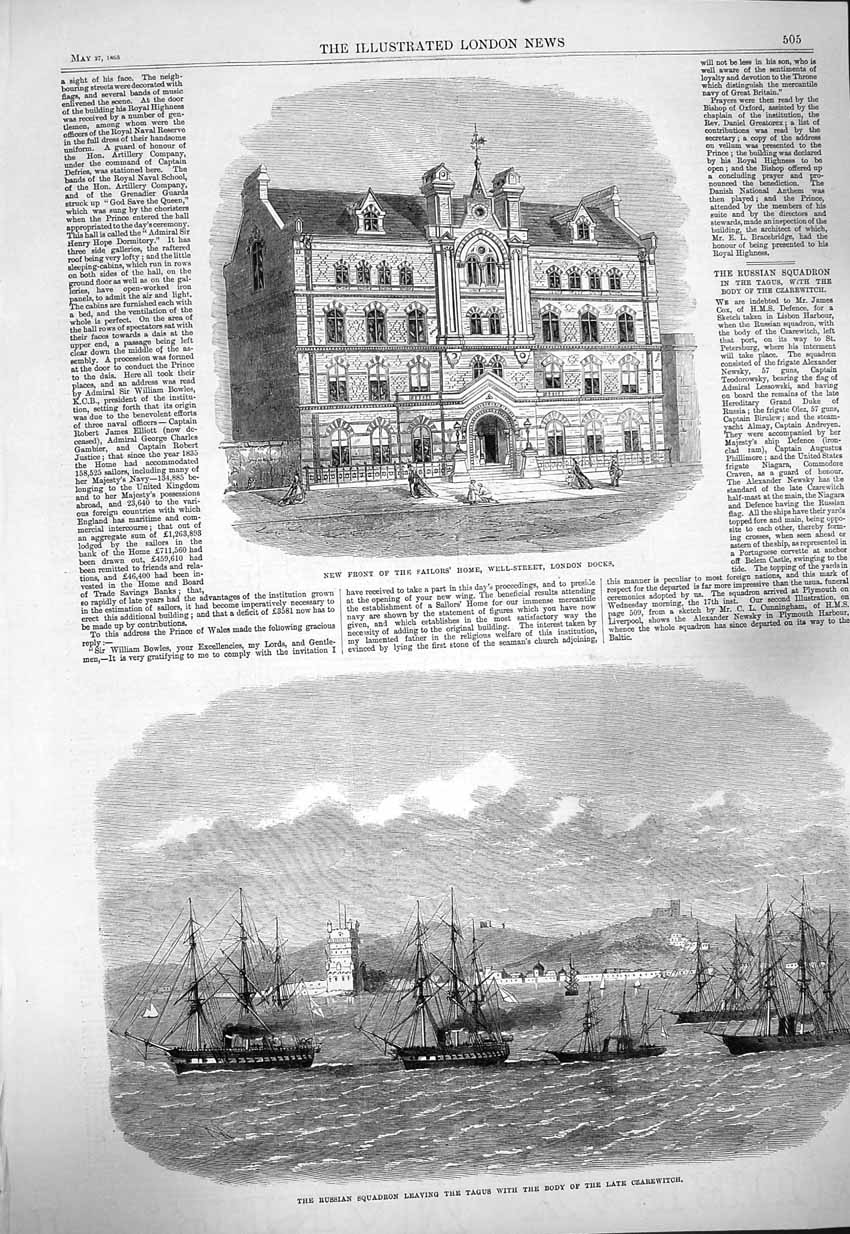Original Old Antique Print 1865 Sailor'S Home London Docks Russian Ships Tagus