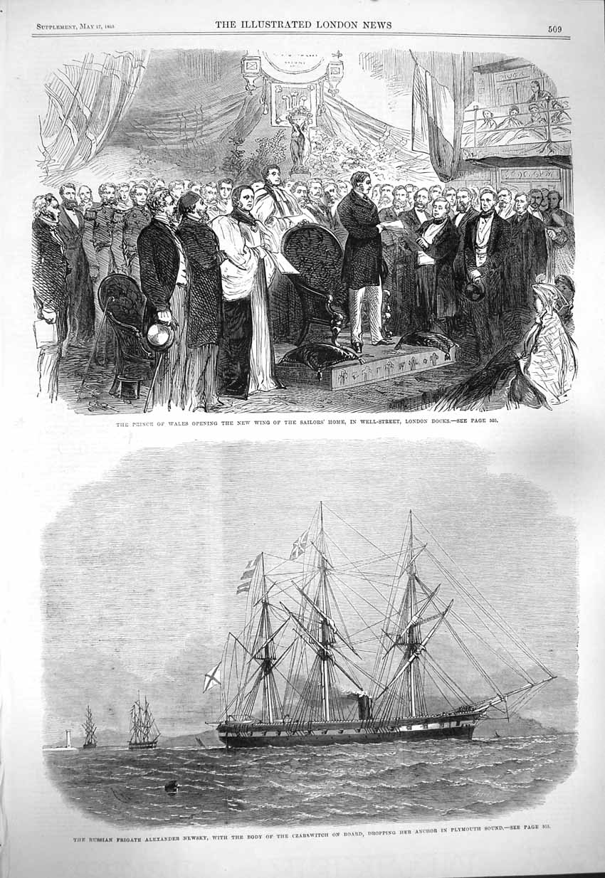 Old Antique Print 1865 Prince Wales Sailor'S London Alexander Newsky Ship 19th