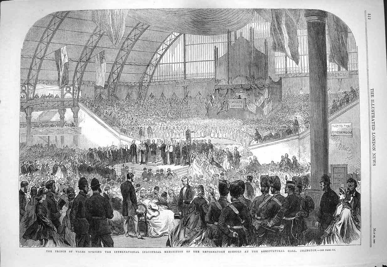 Old Antique Print 1865 Prince Wales Agricultural Hall Islington Schools 19th