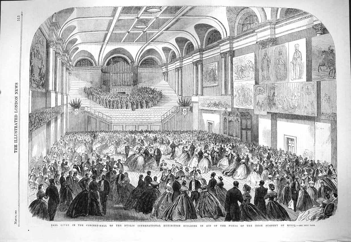 Old Antique Print 1865 Ball Concert Hall Dublin Exhibition Irish Academy 19th