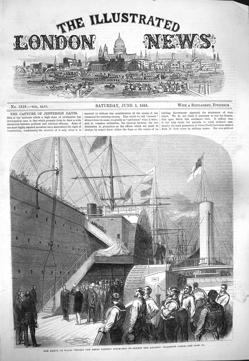 Original Old Antique Print 1865 Prince Wales Great Eastern Steam Ship Telegraph