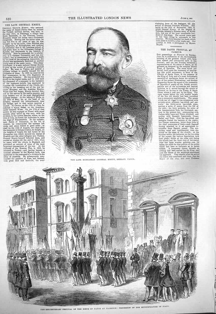 Old Antique Print 1865 Hungarian General Kmety Ishmael Pacha Dante Italy 19th