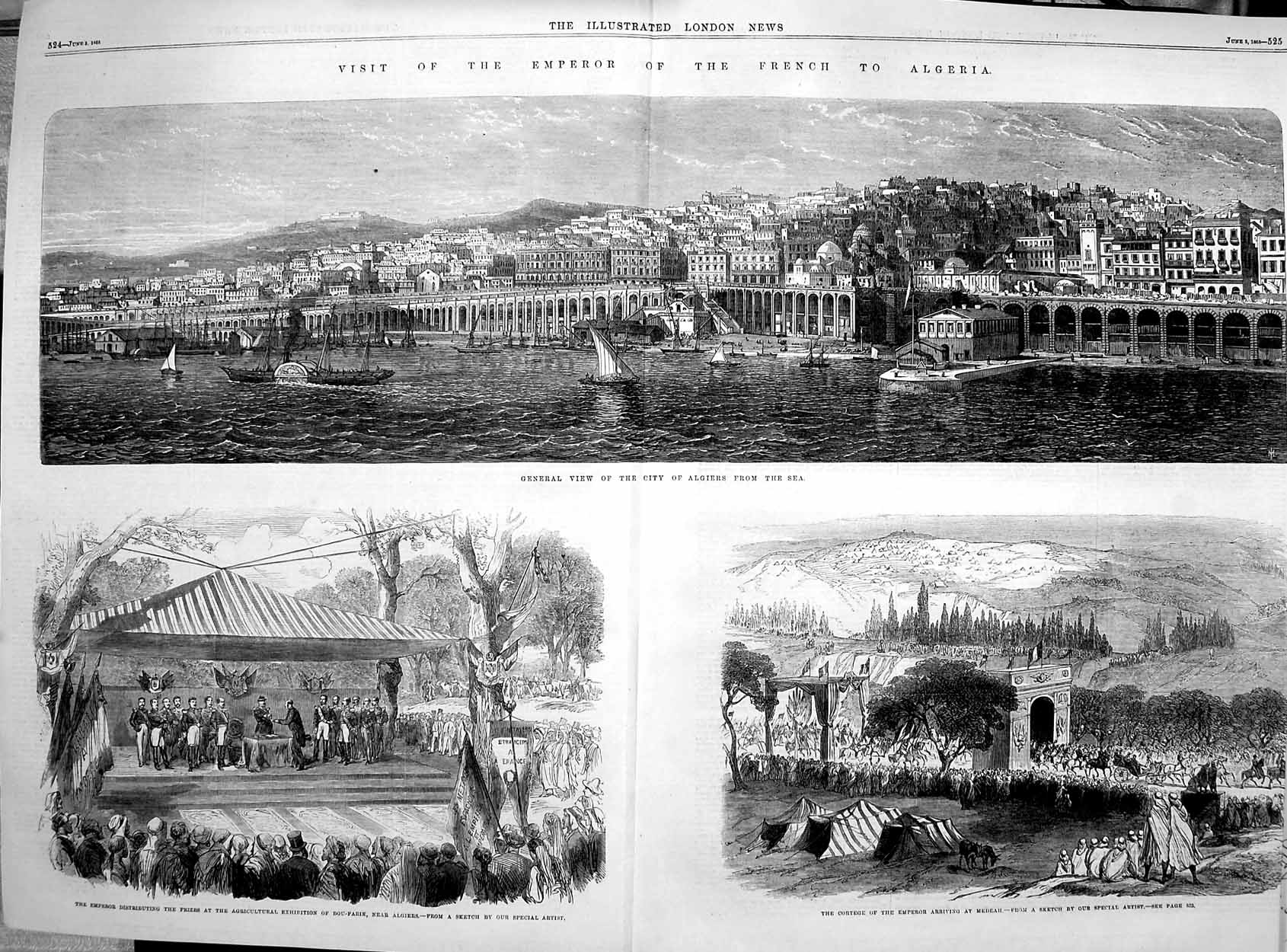 Original Old Antique Print 1865 Emperor French Algeria Bou-Farik Boats Ships