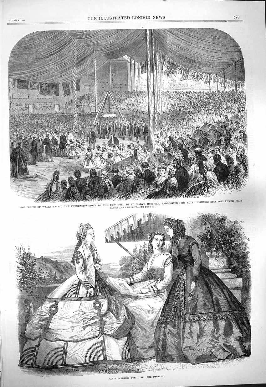 Original Old Antique Print 1865 Prince Wales Mary'S Hospital Paddington Fashion