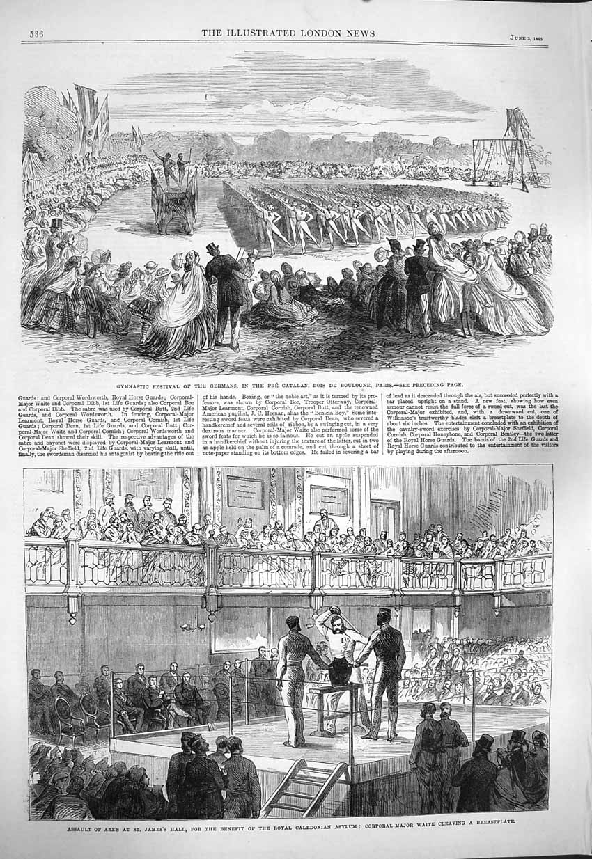 Original Old Antique Print 1865 Gymnastic Festival Germans Paris Assault Arms