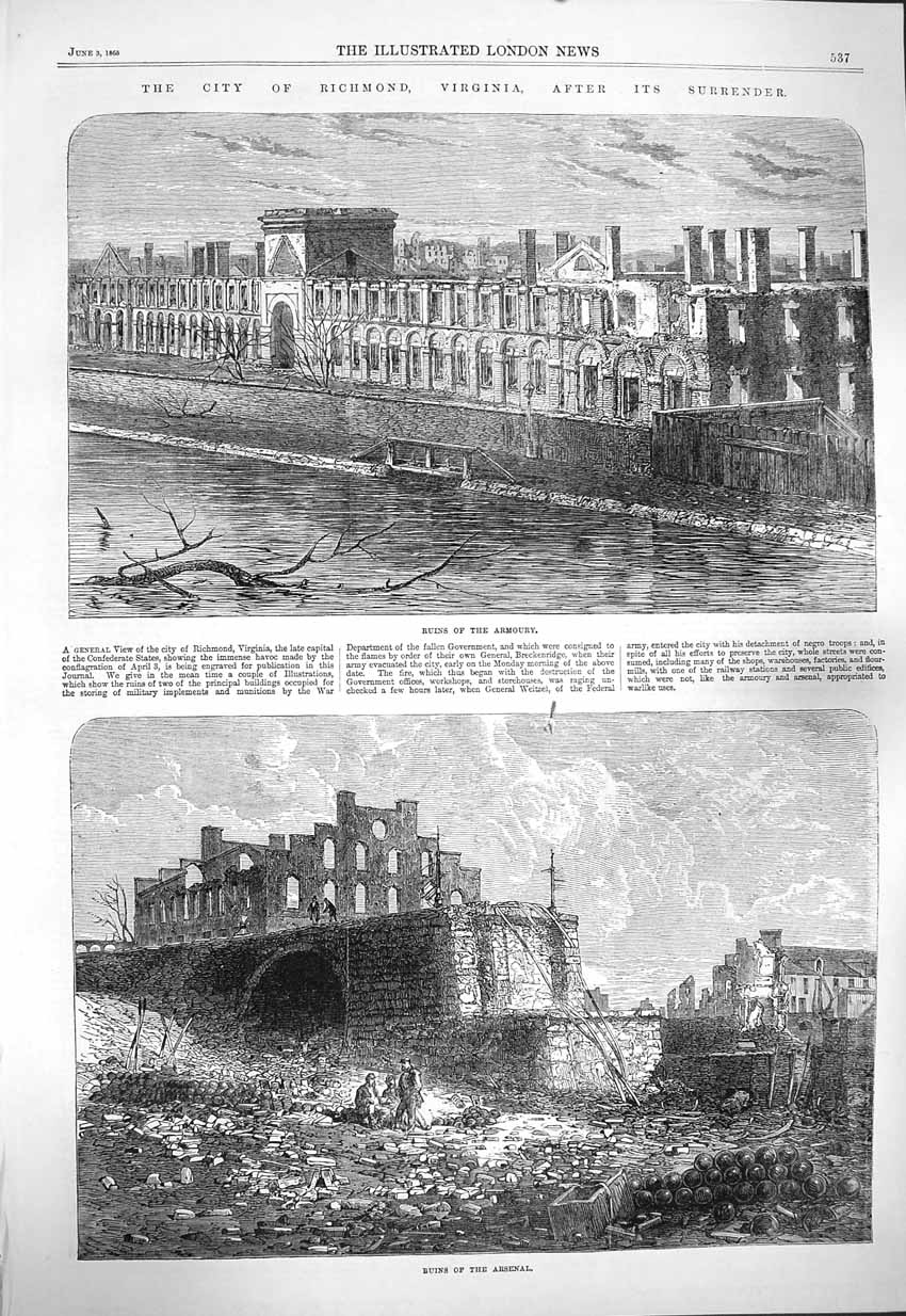 Original Old Antique Print 1865 Ruins Armoury Richmond Virginia Arsenal War