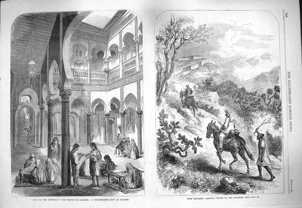 Original Old Antique Print 1865 Fort Napoleon Kabylia Dressmakers Shop Algiers