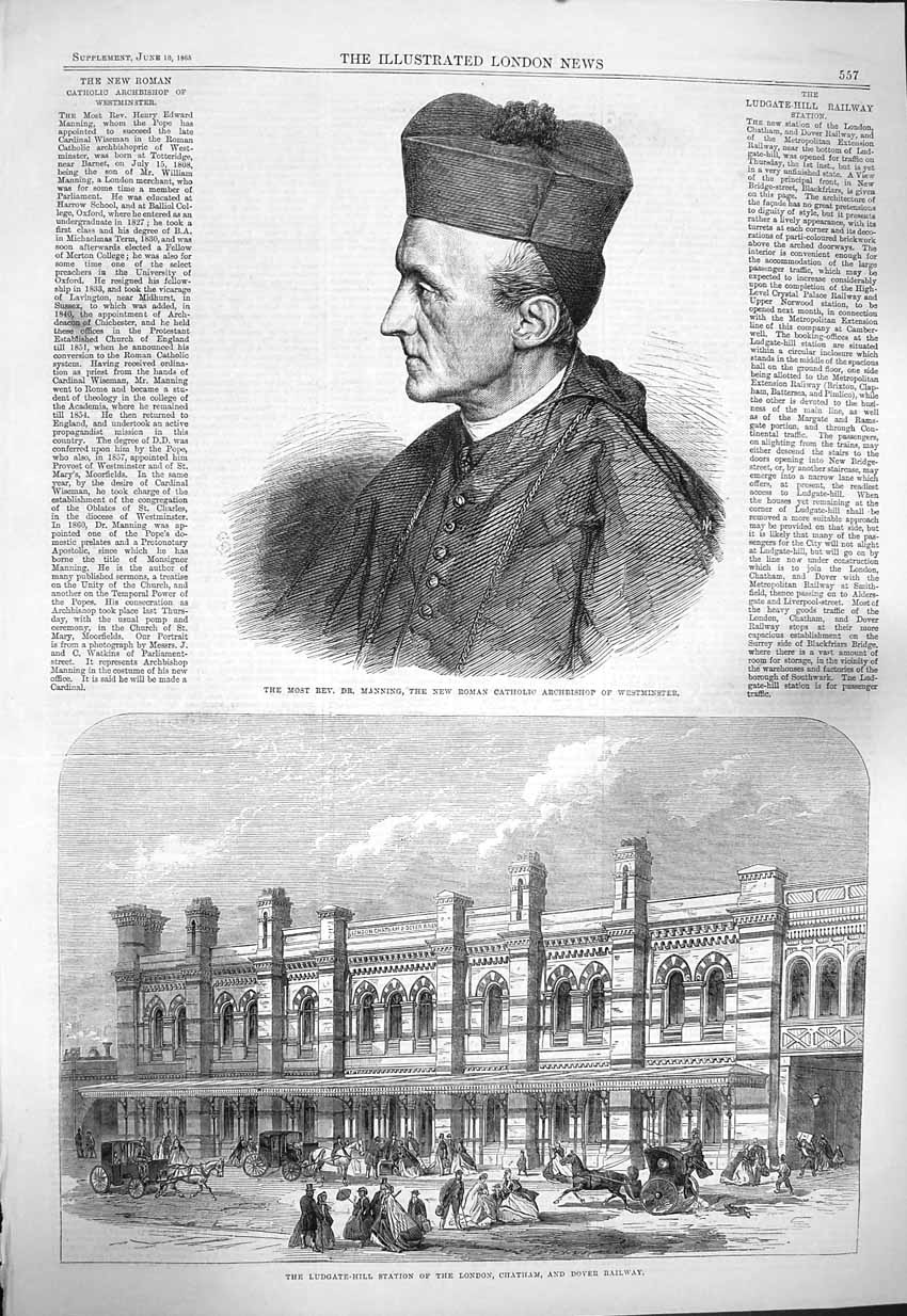 Old Antique Print 1865 Rev. Dr Manning Catholic Westminster Dover Railway 19th