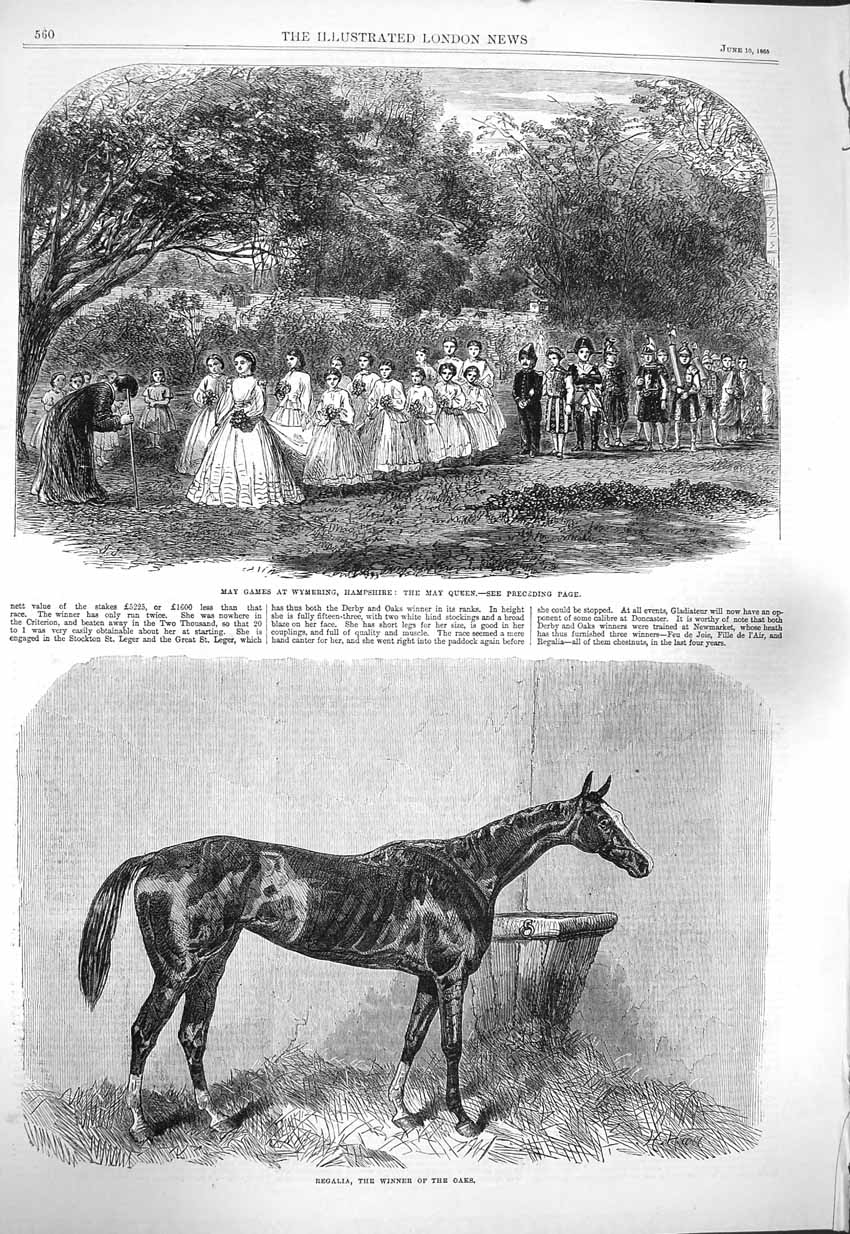 Original Old Antique Print 1865 May Games Wymering Hampshire Regalia Horse Oaks