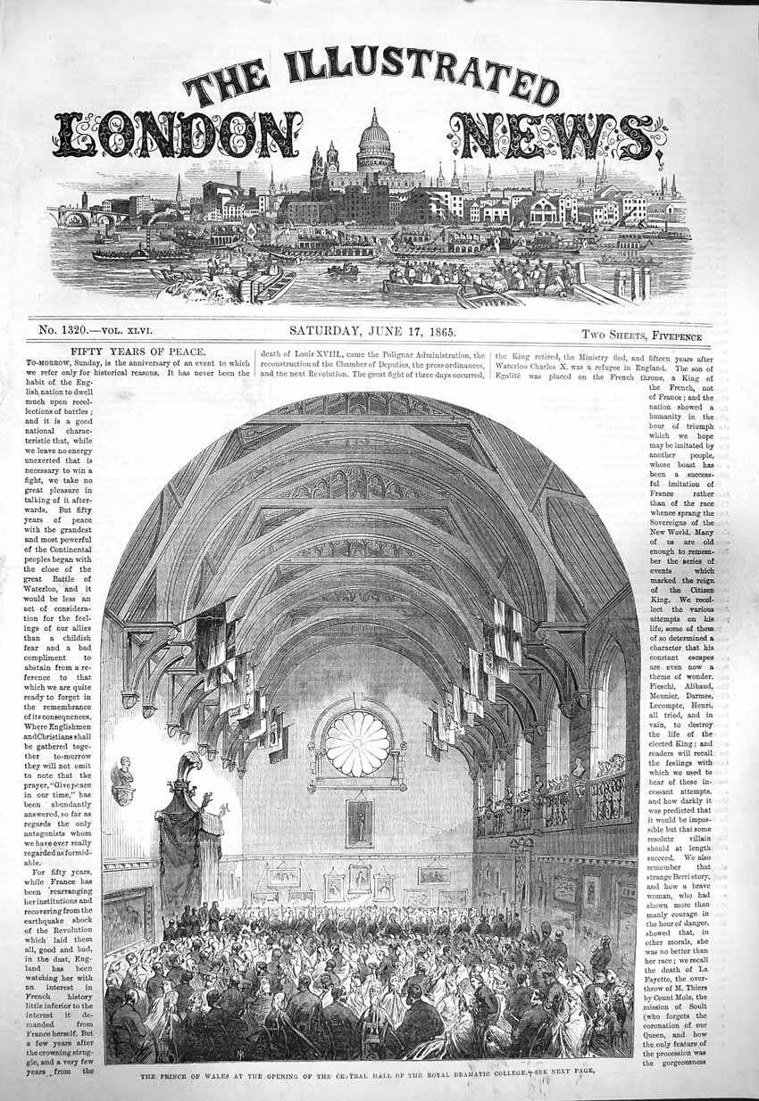 Old Antique Print 1865 Prince Wales Royal Central Hall Dramatic College 19th