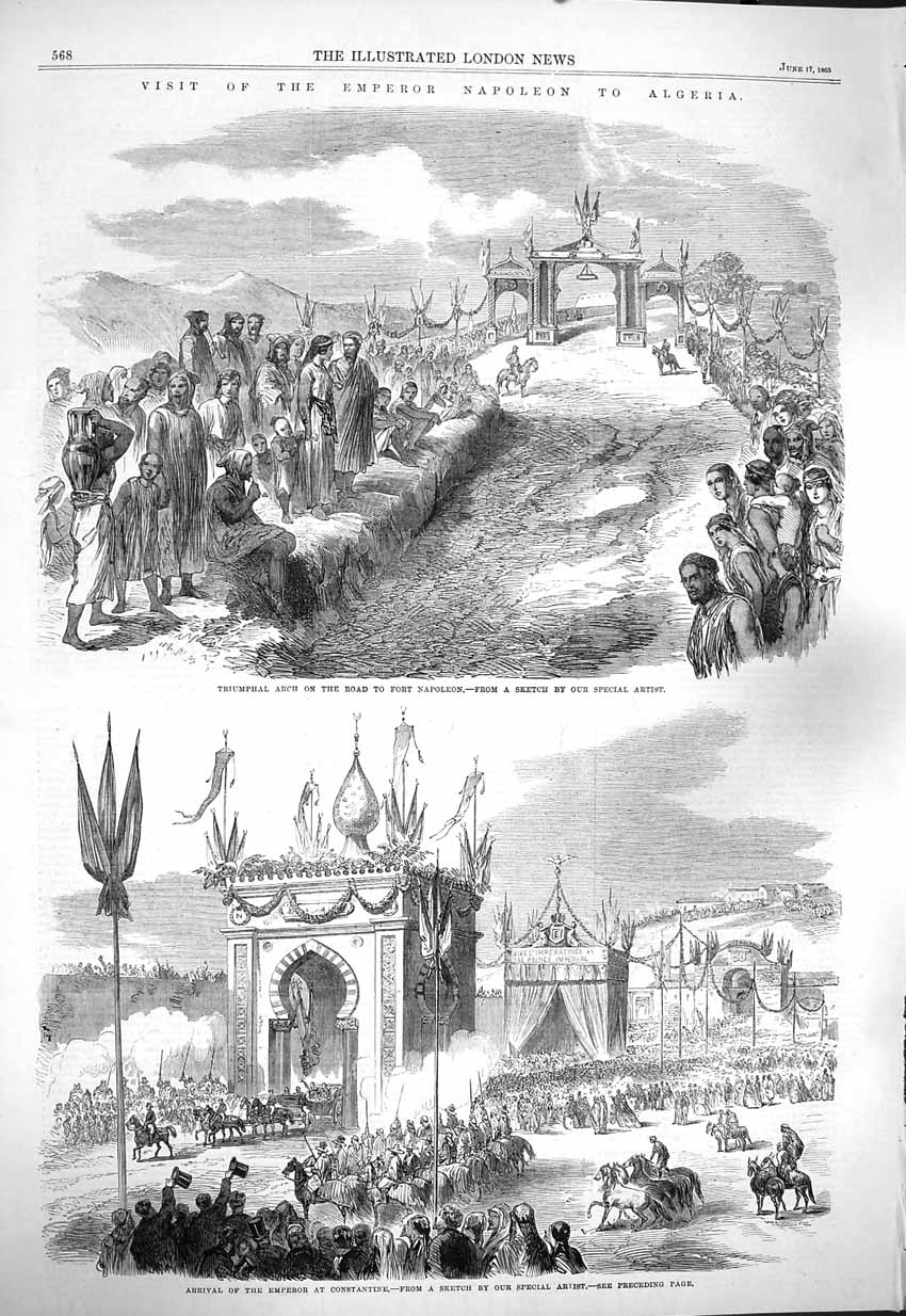 Original Old Antique Print 1865 Emperor Napoleon Algeria Arch Fort Constantine
