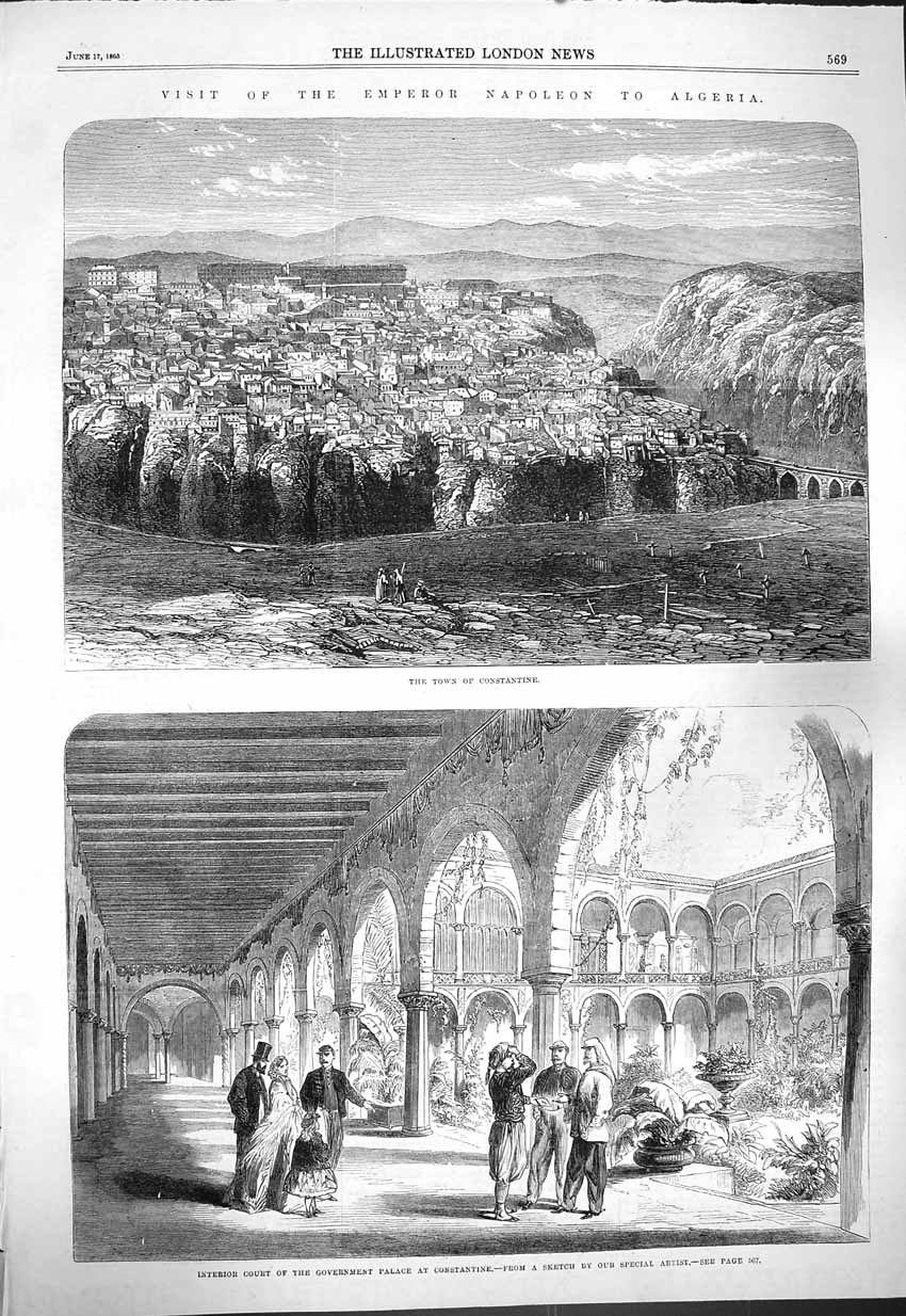 Old Antique Print 1865 Emperor Napoleon Algeria Constantine Palace Court 19th