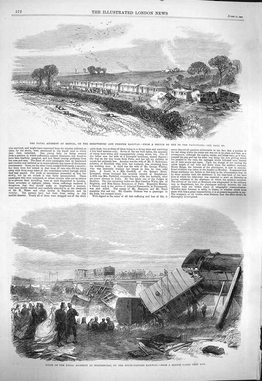 Original Old Antique Print 1865 Rendal Shrewsbury Railway Staplehurst Trai 19th