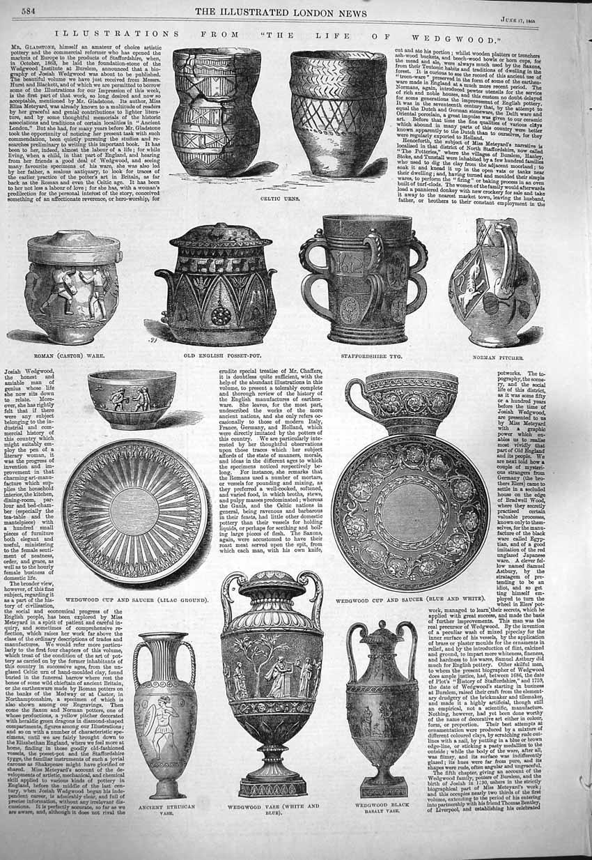 Original Old Antique Print 1865 Wedgwood Celtic Urns Vase Posset-Pot Pitcher