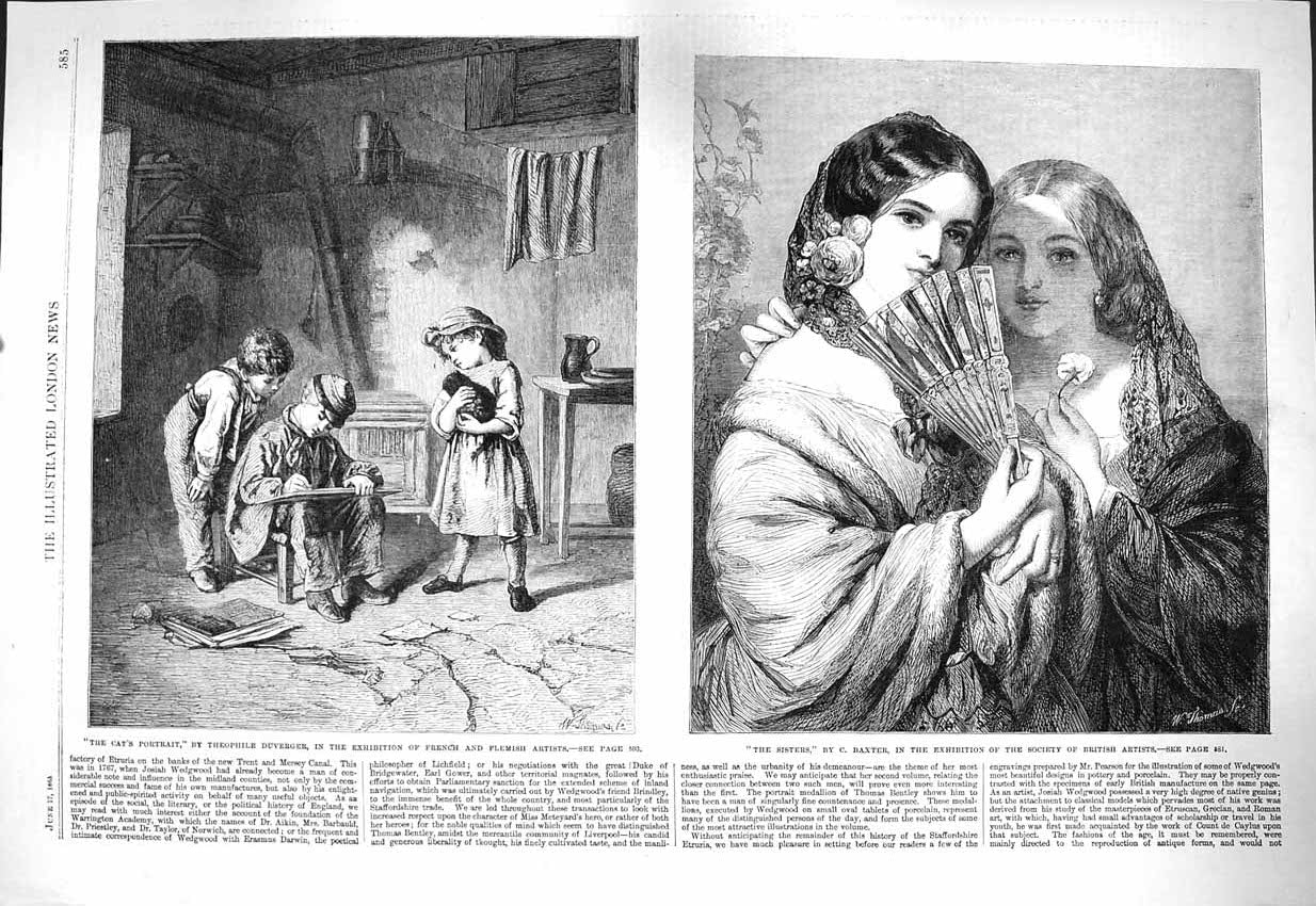 Original Old Antique Print 1865 Cat'S Portrait Children Sisters Flemish British