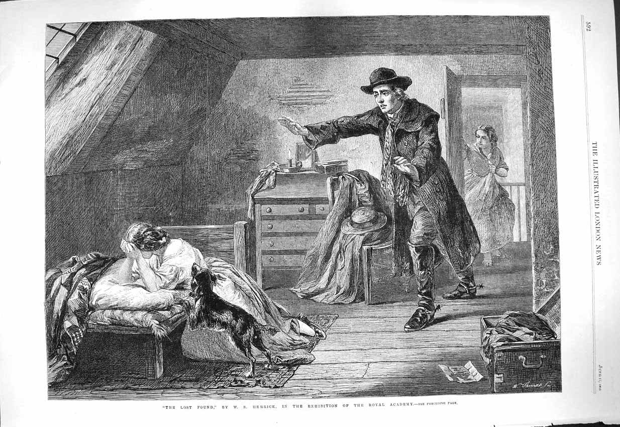 Original Old Antique Print 1865 Lost Found Man Lady Dog Sorrow Herrick 19th